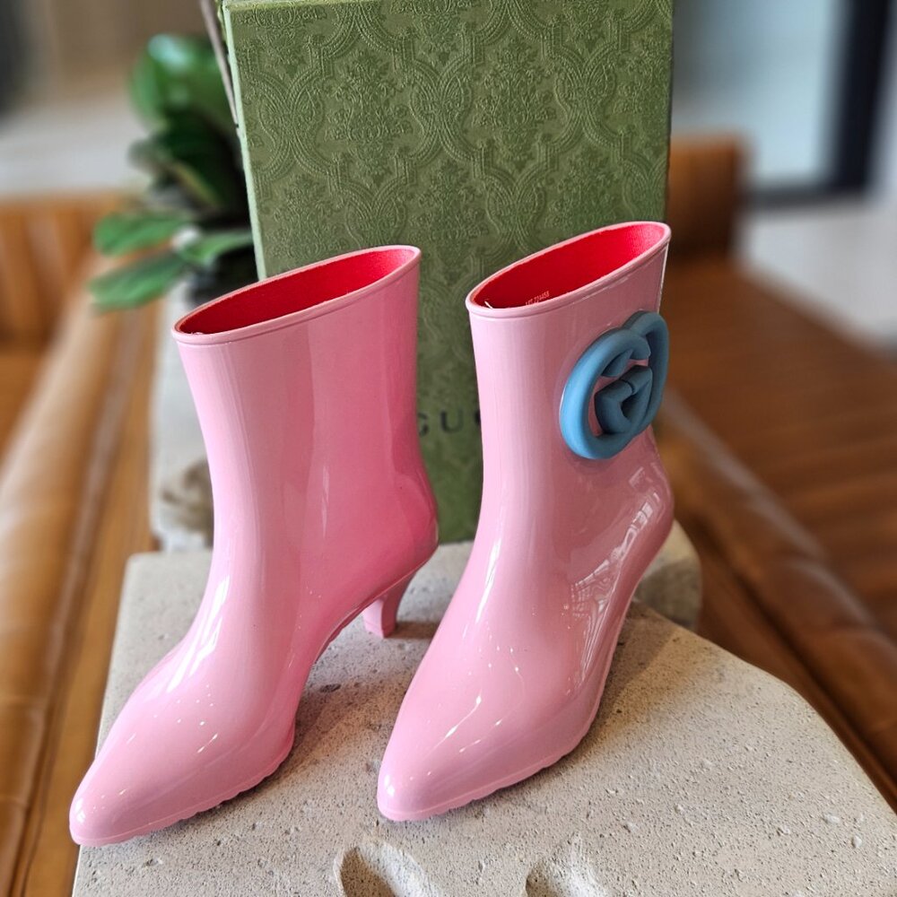 Gucci New Authentic Gucci Interlocking GG Logo Rubber Boots Pink Size 35