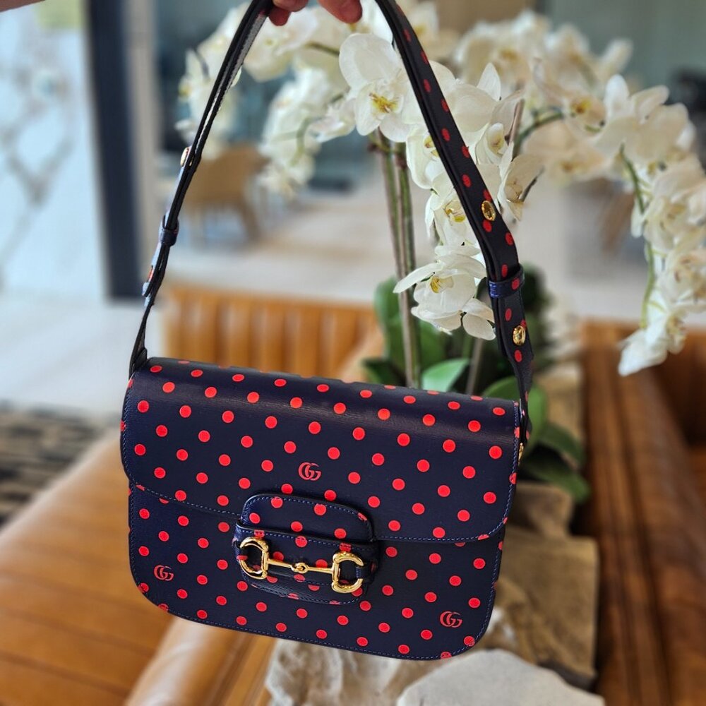Gucci Gucci Shangai Calfskin Polka Dot Horsebit 1955 Shoulder Bag Blue Orange New