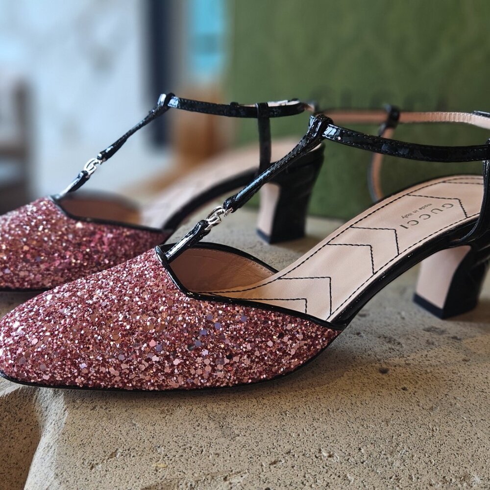 Gucci Gucci Pink Glitter Slingback Double G Pumps 55mm