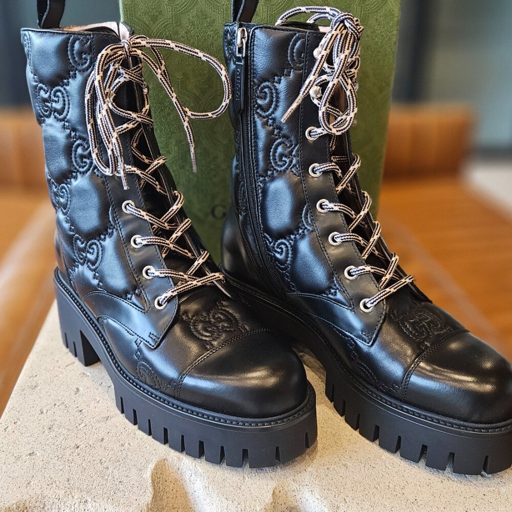 Gucci Gucci Women's GG Matelassé Leather Quilted Platform Combat Boots Black 39+