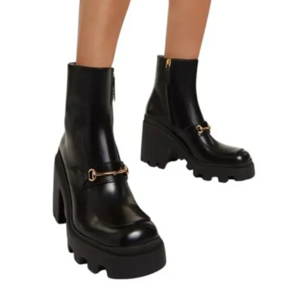 Gucci Gucci Horsebit Ankle Boots Black Leather Square Toe Lug Sole Size 36.5 / US 6.5